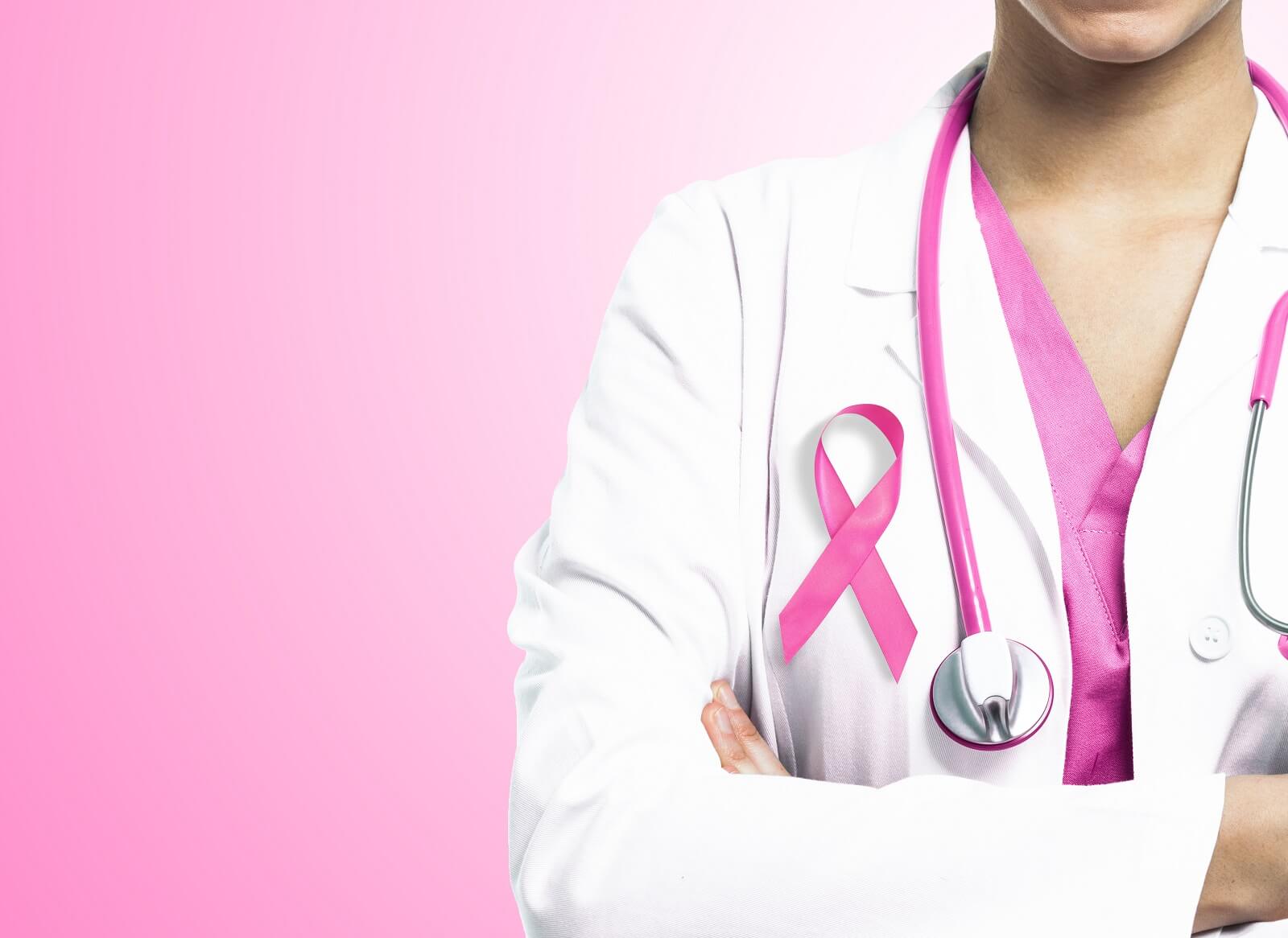 Nurse with pink ribbon on pink background.
