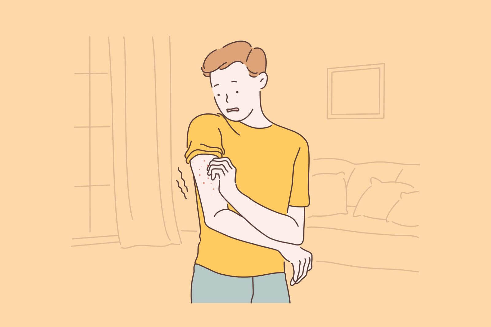 Patient allergic reaction, eczema symptoms concept. Man with rash on arm, scared boy scratching itch pimples, frightened guy skin irritation in ankle area. Simple flat vector