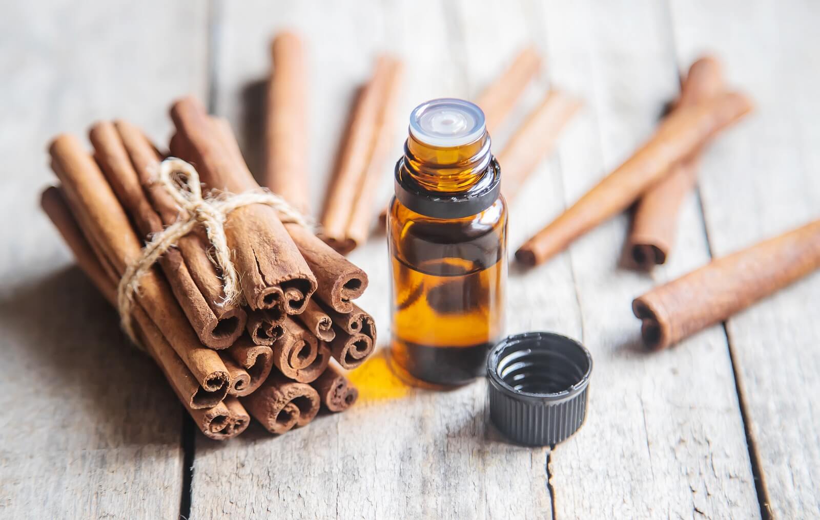 Cinnamon essential oil in a small bottle with a bunch of cinnamon sticks.