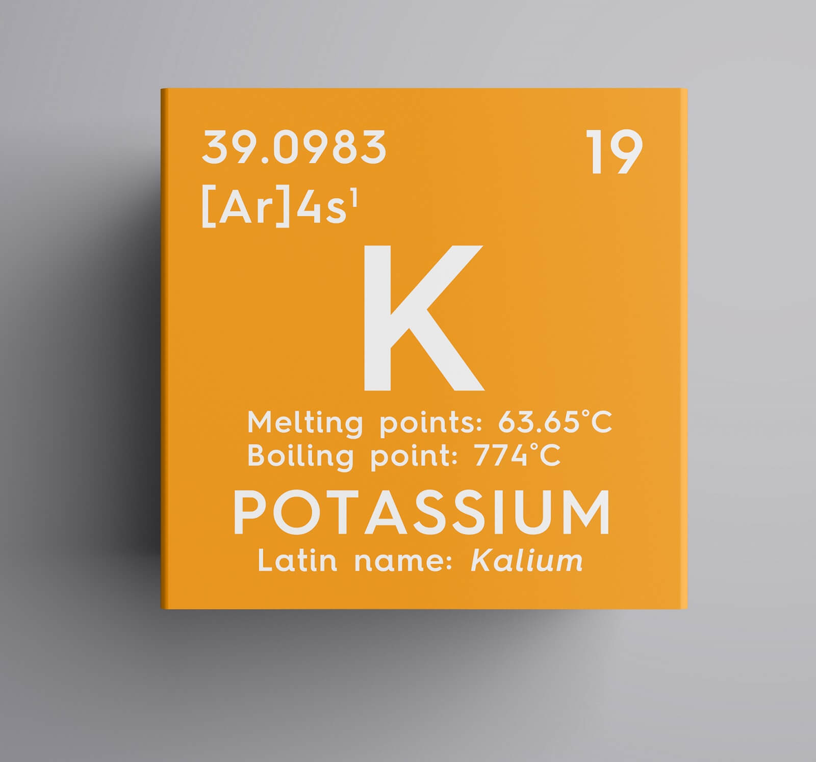 Potassium. Kalium. Alkali metals. Chemical Element of Mendeleev's Periodic Table. Potassium in square cube creative concept. 3D illustration.