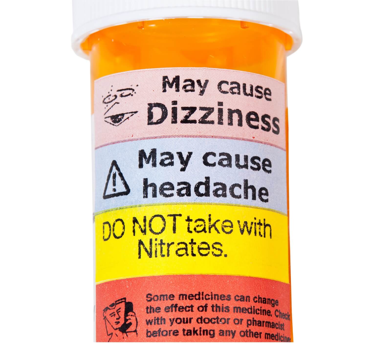 Warning signs on a bottle of prescription drugs.