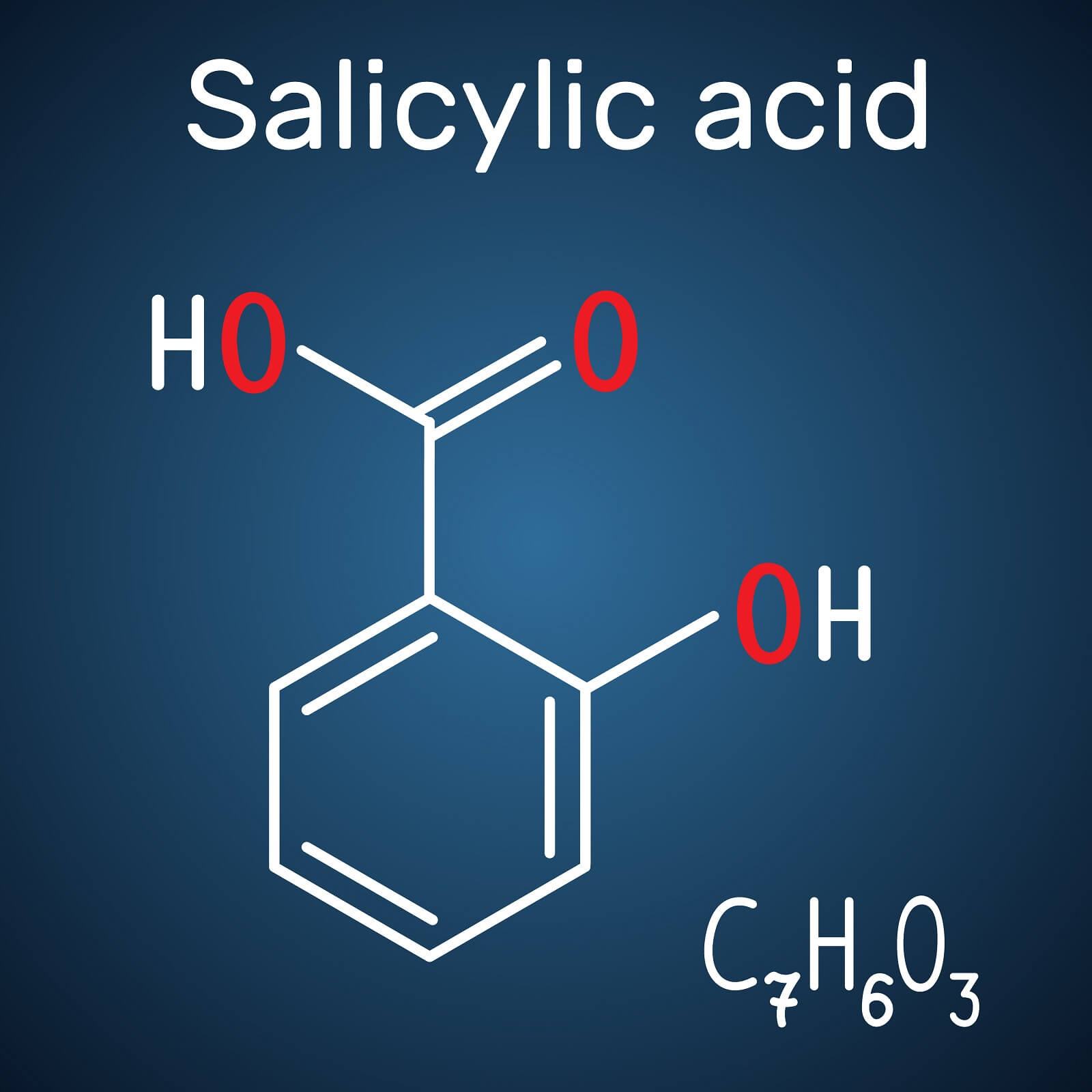Salicylic acid molecule. It is a type of phenolic acid. Structural chemical formula and molecule model on the dark blue background. Vector illustration.