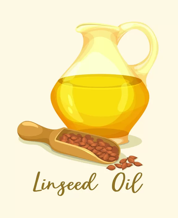Linseed or flaxseed,flax oil in bottle near grains — Illustration